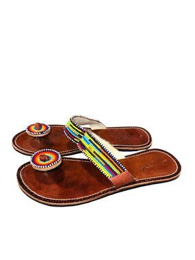Handmade Boho Hippie Leather Sandals Rainbow Beaded Retro Indie Womens 9 Western